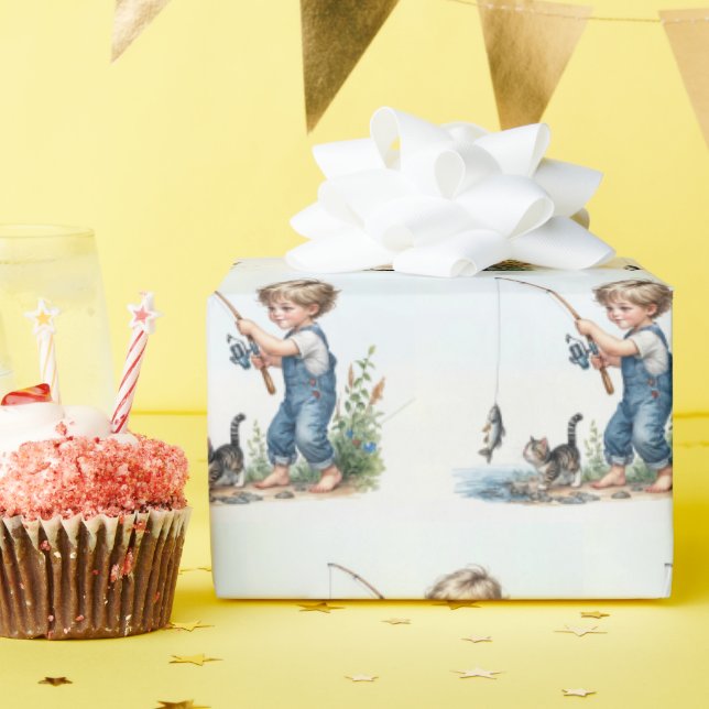 Papier Cadeau Pêche Garçon Avec Kitten (Fête d'anniversaire)