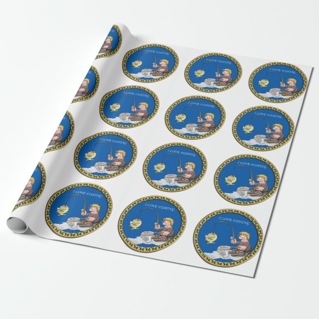 Papier Cadeau Pêcheur de gros loups pêchant sur la glace (Déroulé)