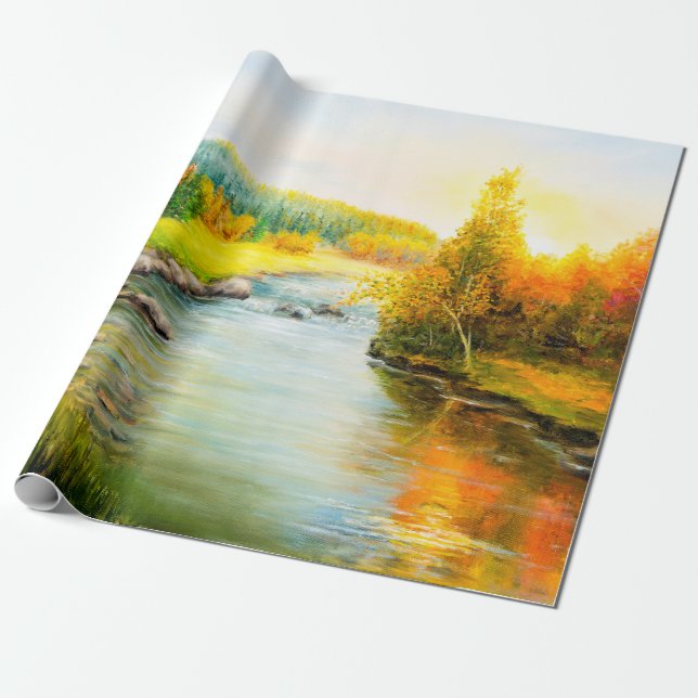 Papier Cadeau  peinture à l'huile de beau paysage d'automne, for (Déroulé)