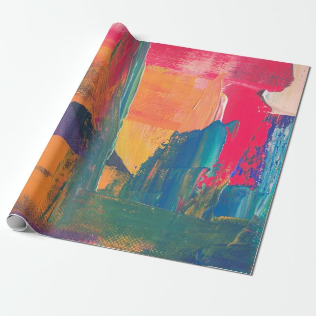 Papier Cadeau Peinture abstraite verte, jaune et rouge (Déroulé)