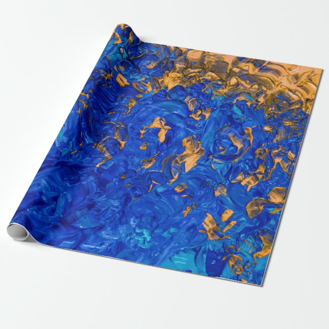 Papier Cadeau Peinture acrylique bleu or jaune d'Artsy Cobalt (Déroulé)
