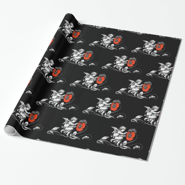 Papier Cadeau PEINTURE D'ANGE FLEURS ROUGES Noir Blanc Noël (Déroulé)
