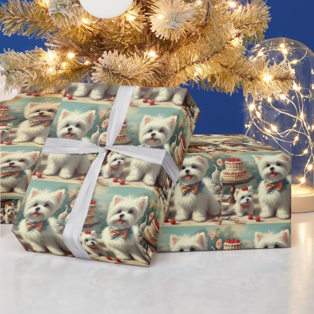 Papier Cadeau Peinture de chiot maltais mignon (Vacances)