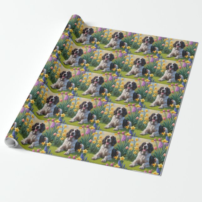 Papier Cadeau Peinture de fleurs de printemps de chien Setter An (Déroulé)