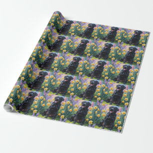Papier Cadeau Peinture de fleurs printanières de chien Labrador