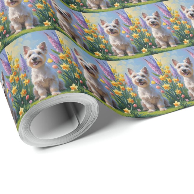 Papier Cadeau Peinture de fleurs printanières de chien Terrier É (Coin rond)