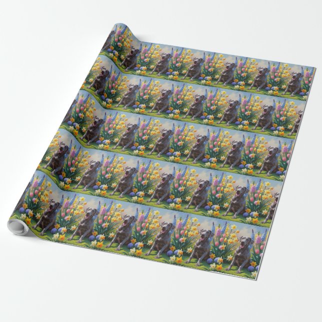 Papier Cadeau Peinture de fleurs printanières de chien Weimarane (Déroulé)
