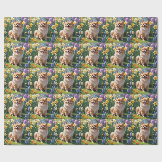 Papier Cadeau Peinture de printemps de chien de Poméranie (Plat)