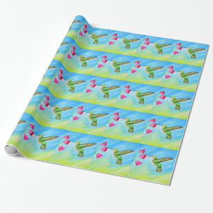 Papier Cadeau Peinture des colibris et des fleurs roses