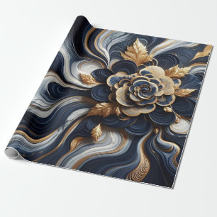 Papier Cadeau Peinture en marbre bleu marine et or Abstrait