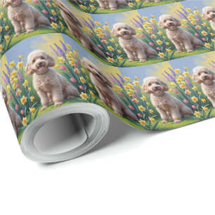 Papier Cadeau Peinture Fleurs de Printemps de Chien Caniche