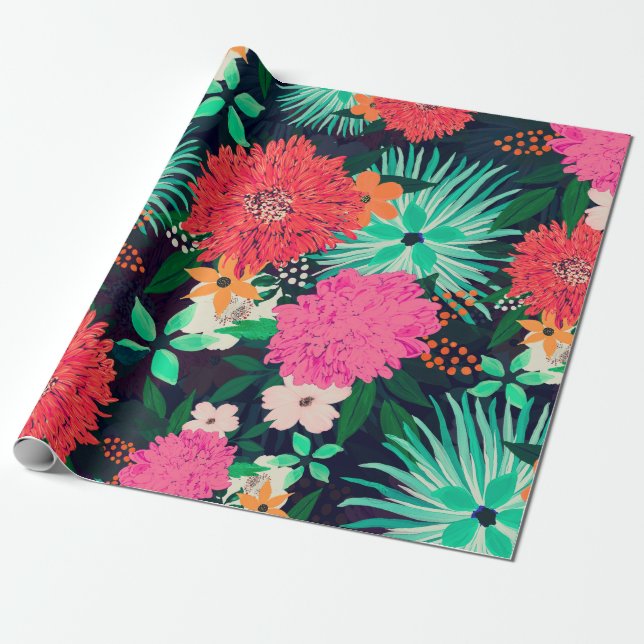 Papier Cadeau Peinture florale assez vivante Conception bleu mar (Déroulé)