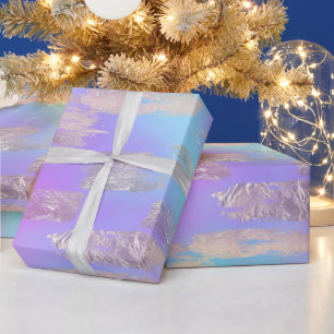 Papier Cadeau Peinture iridescente violette et bleue et feuille 