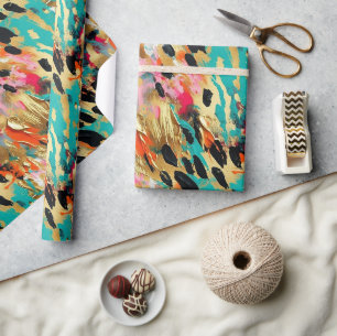 Papier Cadeau Peinture léopard rose turquoise