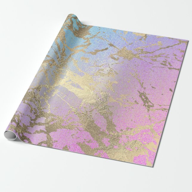 Papier Cadeau Peinture rose Blush Ombre Marbre rose Or brillant (Déroulé)