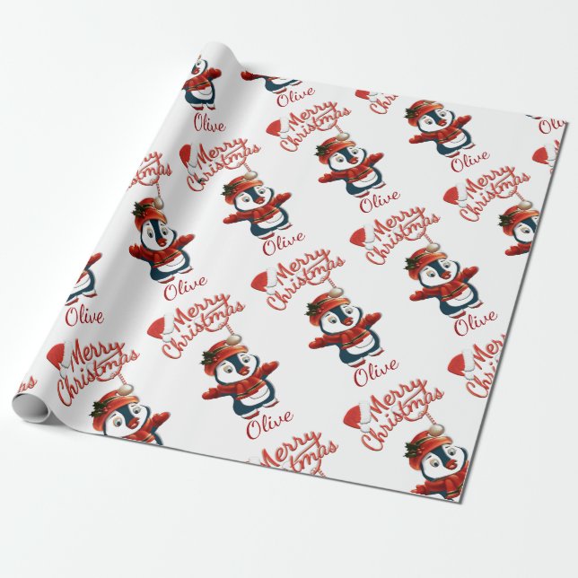 Papier Cadeau Penguin de Noël | Personnalisé (Déroulé)