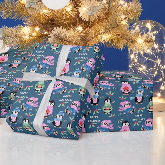 Papier Cadeau Penguin Holiday Crew Pattern Blue Wrapping Paper (Vacances)
