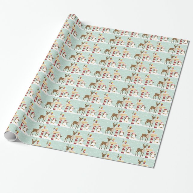 Papier Cadeau Penguin Reindeer Pôle Nord Noël (Déroulé)