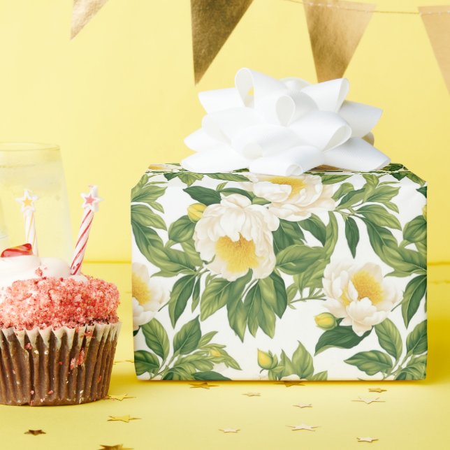 Papier Cadeau Peonies de Claire de Lune blanches et jaunes (Fête d'anniversaire)