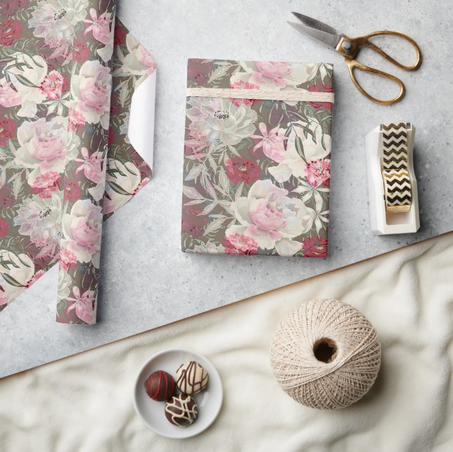Papier Cadeau Peonies rose rose fleurs fleurs jardin fleurie bou (Artisanat)