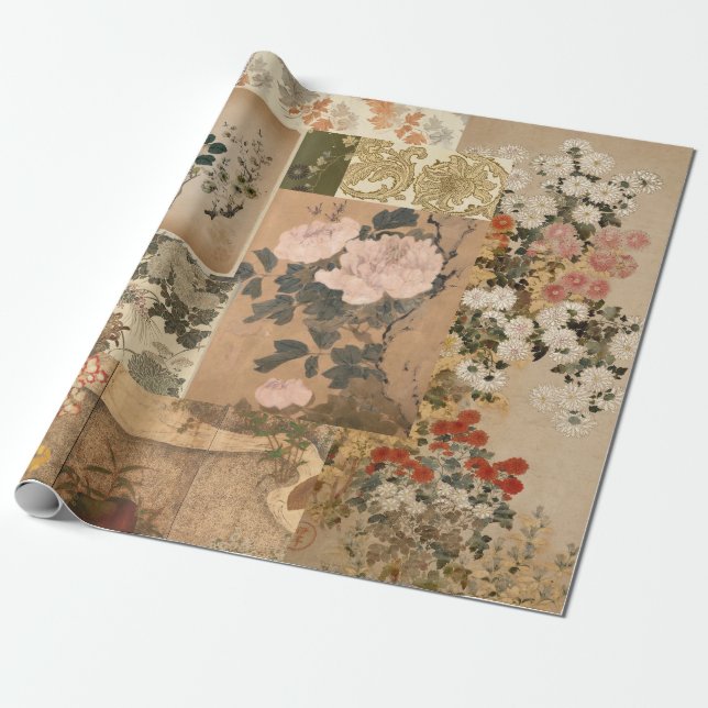 Papier Cadeau Peonies roses et art antique Rose (Déroulé)