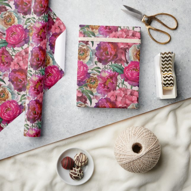 Papier Cadeau Peonies roses rouges et fleurs d'Hydrangée (Artisanat)