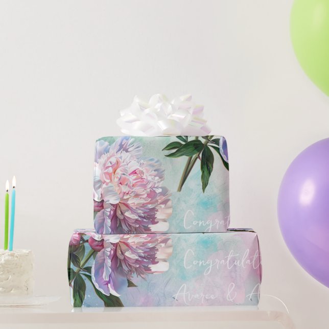 Papier Cadeau Peonies Roses Sur Mariage/Douche Bleu/Rose (Cadeaux de fête)