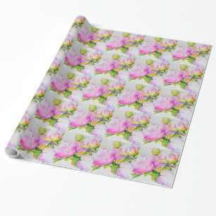 Papier Cadeau Peonis, rose, blanc, aquarelle peinture florale