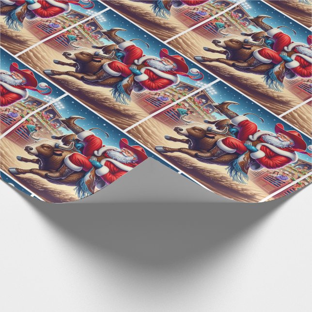 Papier Cadeau Père Noël à cheval sur un rodéo Bull Noël (Coin)