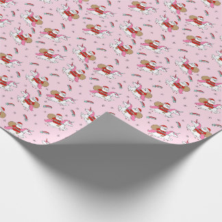 Papier Cadeau Père Noël à cheval sur une licorne, joli Noël rose