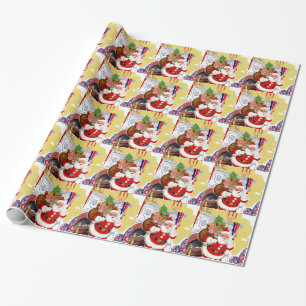 Papier Cadeau Père Noël à la cheminée apportant des jouets