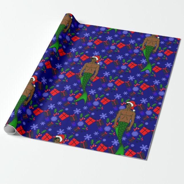 Papier Cadeau père Noël afro-merman noir vilain xmas mermaid cad (Déroulé)