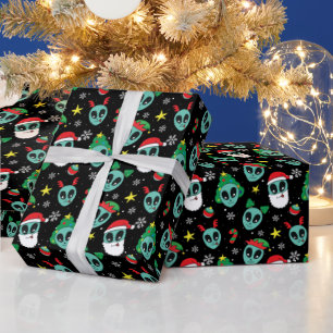 Papier Cadeau Père Noël Alien Flocons Sapin de Noël
