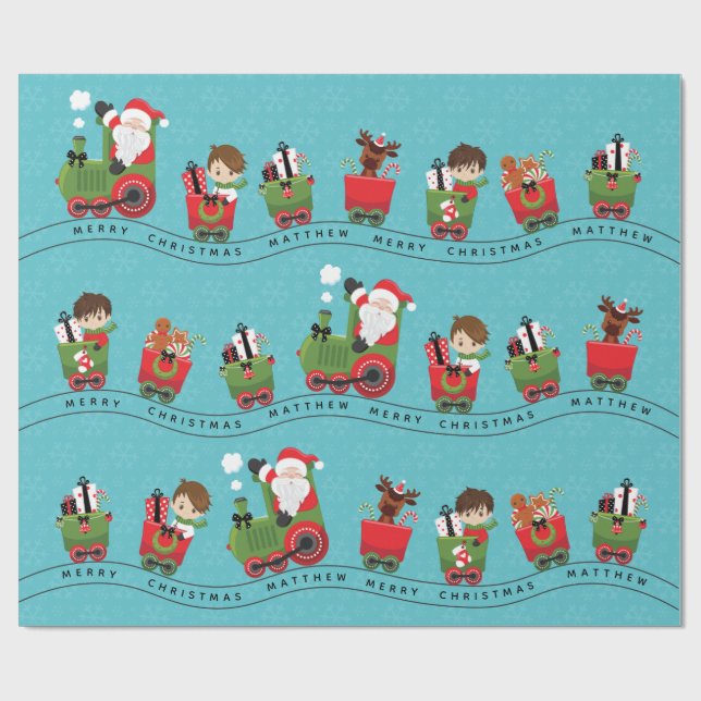 Papier Cadeau Père Noël & Brunette Boy en train (Plat)