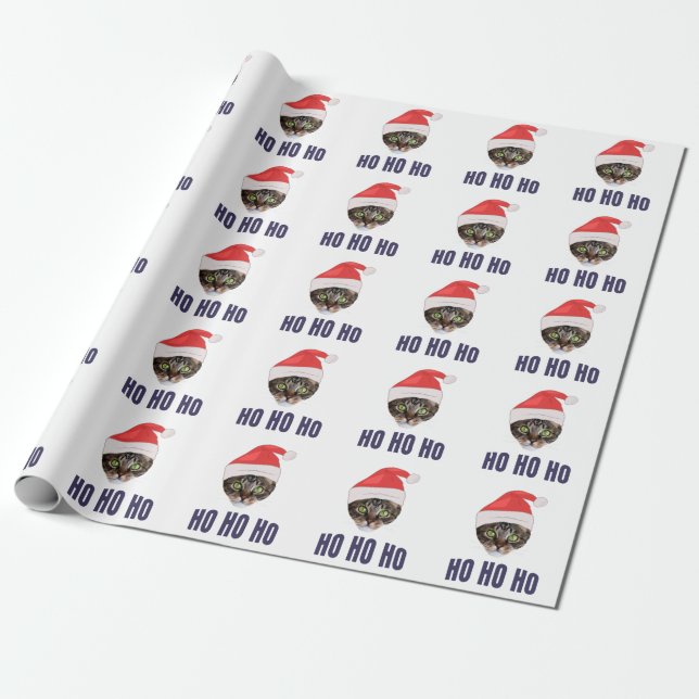 Papier Cadeau Père Noël Chat avec Santa hat, Ho Ho ho Squa d'inv (Déroulé)