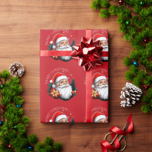 Papier Cadeau Père Noël Christmas Tree Red Joyeux Noël