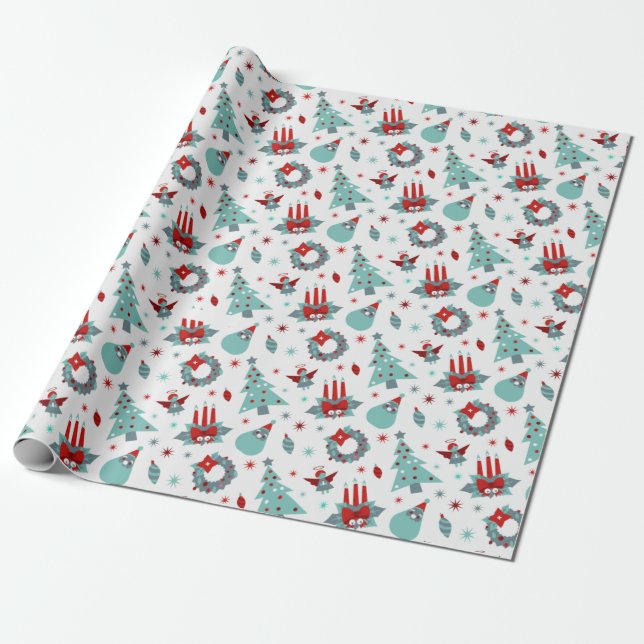 Papier Cadeau Père Noël Christmas Tree Snowflake Motif Rouge (Déroulé)