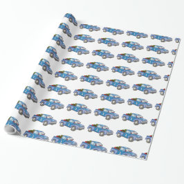 Papier Cadeau Père Noël conduisant un vieux camion bleu