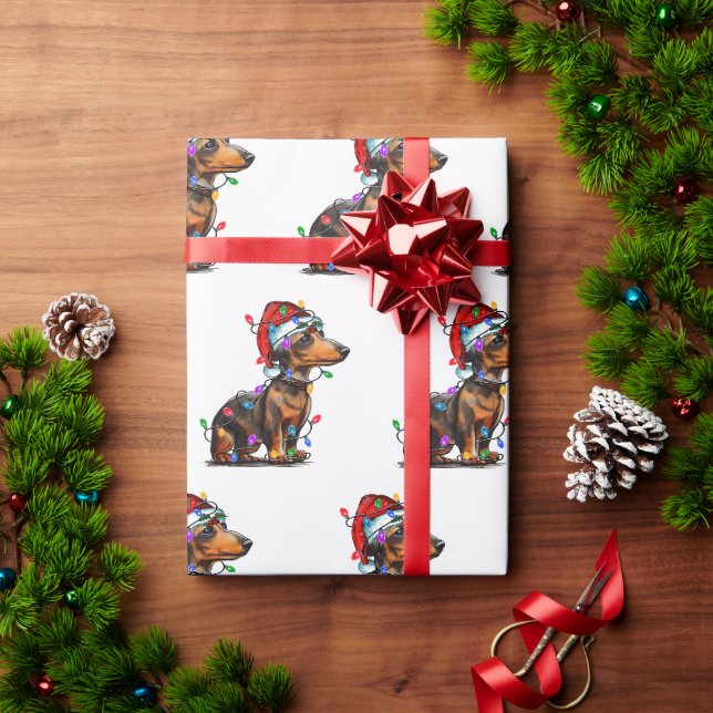 Papier Cadeau Père Noël Dachshund avec les lumières de Noël (Cadeau de vacances)
