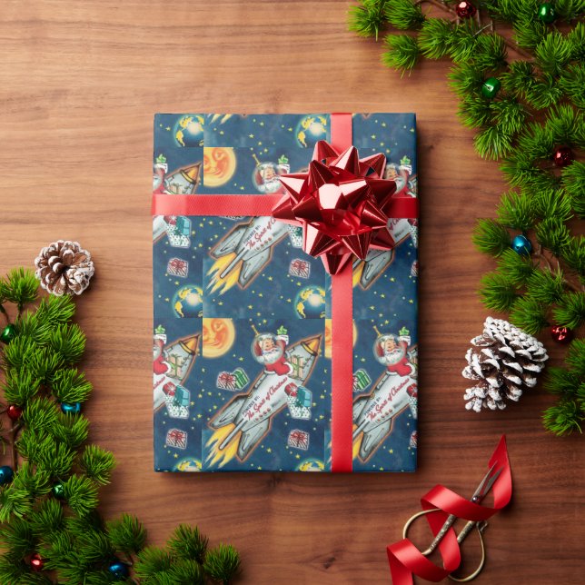 Papier Cadeau Père Noël dans la fusée Terre Lune Étoiles (Cadeau de vacances)