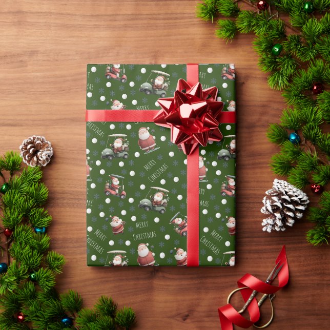 Papier Cadeau Père Noël de golf sur Deep Green (Cadeau de vacances)