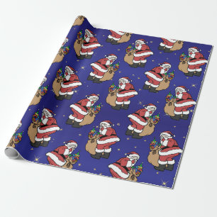 Papier Cadeau Père Noël de Noël avec un sac de jouets en bleu