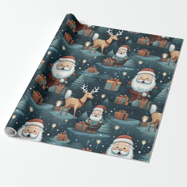 Papier Cadeau Père Noël de Noël et rennes (Déroulé)