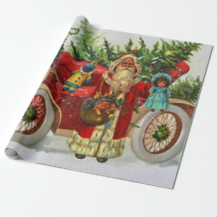 Papier Cadeau Père Noël de Noël Vintage avec jouets et voiture r