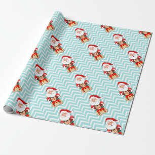 Papier Cadeau Père Noël en pyjama rouge tenant une tasse