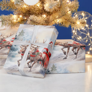 Papier Cadeau Père Noël en traîneau à travers les bois enneigés