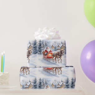 Papier Cadeau Père Noël en traîneau dans des bois enneigés