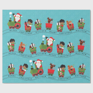 Papier Cadeau Père Noël et garçon multiculturel en train