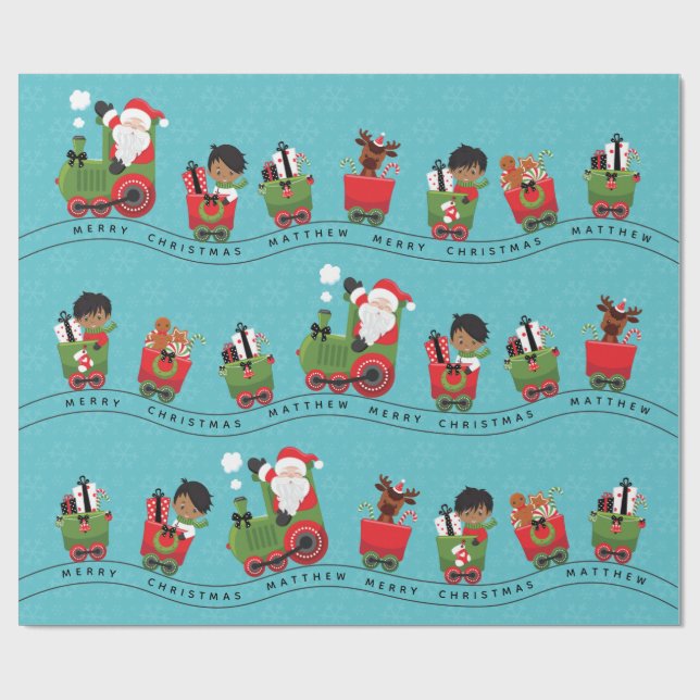 Papier Cadeau Père Noël et garçon multiculturel en train (Plat)