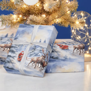 Papier Cadeau Père Noël et ses rennes le soir de Noël enneigé